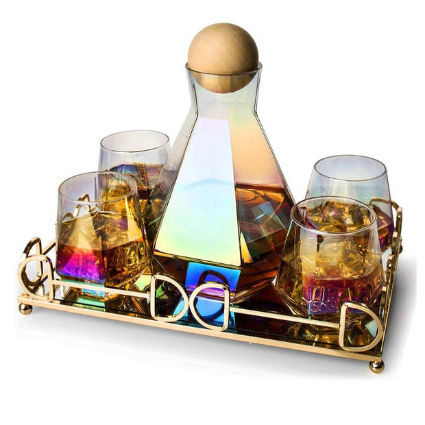 Diamond Iridescent Glasses Set, The Wine Savant Rainbow Iridescent Comes With A Diamond Decanter 4 Whiskey/Wine Diamond Glasses, 1 Tray and a Perfect Gift Box - Bill Hallman- Inman Park