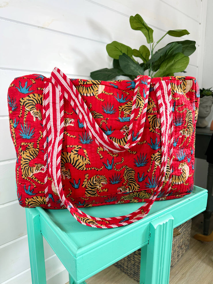 Folklore Couture - Quilted Weekender Overnight Travel Tote Bag - Red Tigers - Bill Hallman- Inman Park